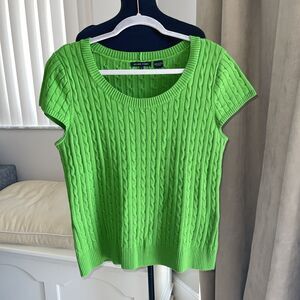 Jeanne Pierre Cable Knit cotton Short Sleeve Sweater Top Green L
